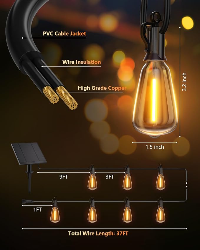 Brightown 37FT Solar String Lights Outdoor, 10+1 Shatterproof LED Lights | Waterproof, Remote Control, Dimmable, Timer, 3 Light Modes, Commercial Grade Patio Lights for Garden, Backyard, Party Decor