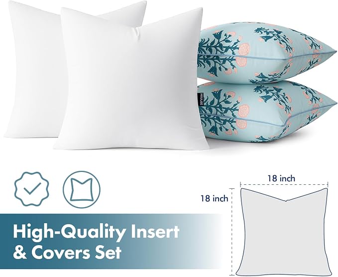 MIULEE Floral Outdoor Pillows Covers with Inserts 18x18 Blue Pink | Set of 2 Waterproof Decorative Throw Pillows with Piping,Vintage Fade Resistant, Patio Furniture Summer Garden Couch Sofa