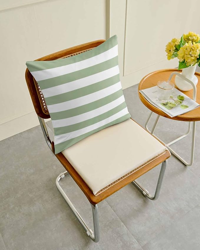 Outdoor Waterproof Throw Pillows Sage Green White Stripes Horizontal Lines Patio Pillows Pack of 2,Decorative Pillow Covers with Insert,Pillow Cushion Case for Garden Couch Sofa Modern Minimalism