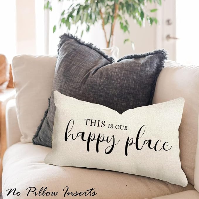 Front Porch Decor Cream Outdoor Lumbar Pillow Covers Waterproof 12x20 | Set of 2, No Inserts, Weather Resistant, Patio Furniture, Minimalist Neutral Home Decor, This Is Our Happy Place Sign