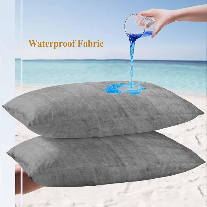 Vandarllin Outdoor Throw Pillows Covers 20x12 inch Set of 2 Waterproof Grey Linen Decorative Zippered Cushion Covers for Patio Furniture, Solid Color Texture Lumbar Pillowcases