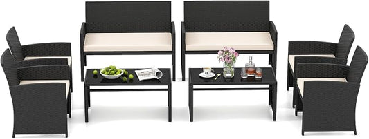 HAPPYGRILL 4 Piece Rattan Wicker Patio Conversation Set, Outdoor Furniture with Chair Loveseat Table & Cushion, for Backyard Porch Balcony (2, Black & Off White)