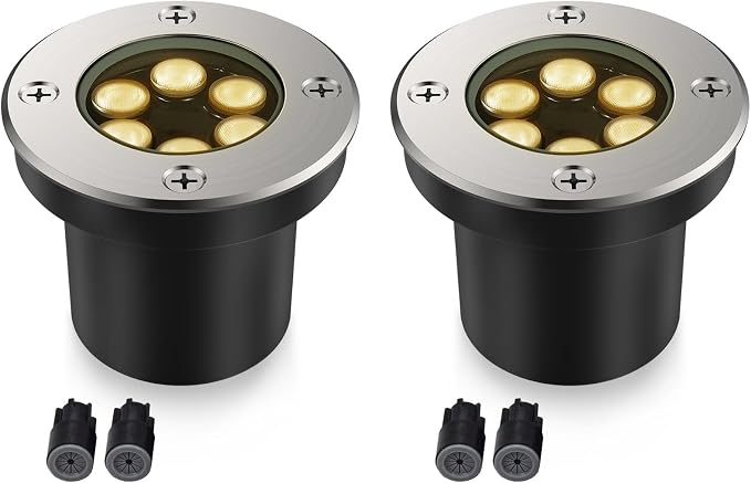 JESLED Outdoor Landscape Lights, Low Voltage In Ground Well Lights, 2 Pack | 3000K Warm White, 6W LED, 12V/24V, IP67 Waterproof, 5-Ton Pressure Resistant & 90° Beam for Driveway Decks Step Garden