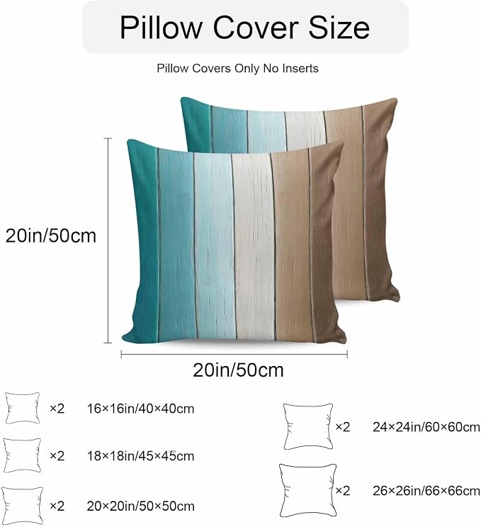 Throw Pillow Covers 16x16 Inch Set of 2, Aqua Brown Ombre Waterproof Outdoor Cushion Covers, Vintage Country Wooden Decorative Pillowcases for Couch, Sofa, Bed, Garden, Patio