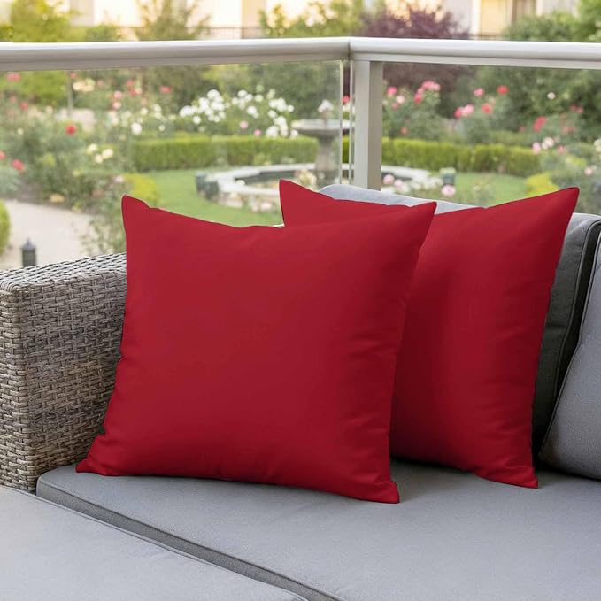 Red Outdoor Pillow Covers 18"x18" Set of 2, Solid Color Waterproof Throw Pillow Covers for Patio Furniture, Decorative Cushion Covers for Porch