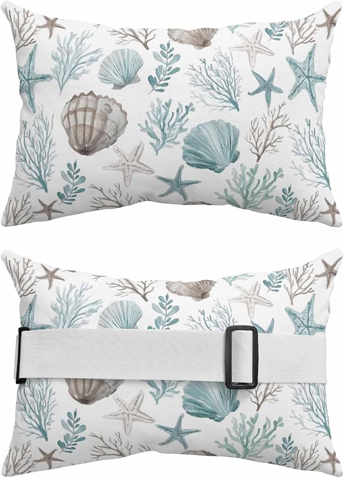 Teal Coastal Outdoor Pillows with Insert 11x16 Inch Summer Starfish Shell Coral Nautical Waterproof Headrest Pillows with Adjustable Strap Lounger Chair Throw for Patio Furnitures, 2 Pack