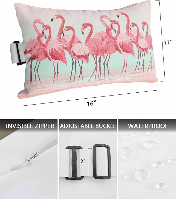 Pack of 2 Outdoor Lumbar Pillow Covers 11x16 Inch, Pink Flamingo Waterproof Throw Pillow Covers Set, Summer Tropical Flamingo Hawaii Animals Indoor&Outdoor Cushion Cases for Patio Porch Beach