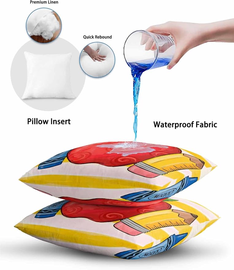 Outdoor Throw Pillow Set of 2, Children's Day Waterproof Pillow with Insert Included, Funny Cartoon Pencil Yellow Striped Decorative Accent Cushion Sofa Pillows for Patio Porch, 16 x 16 in