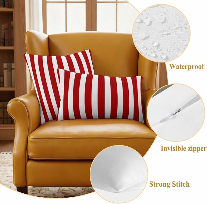 Red Striped Outdoor Waterproof Throw Pillow Covers 20x20 Set of 2, Christmas Farmhouse Red White Stripes Decorative Pillowcases Cushion Pillowcase for Couch Sofa Patio Outside Pillow Protector