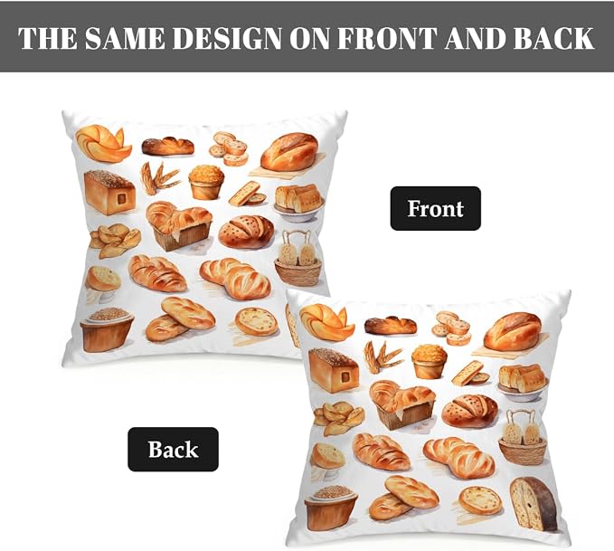 16x16 Inch Outdoor Pillow Covers Set of 2 Waterproof Throw Pillow Covers Decorative Couch Cushion Covers Bread Food Pattern Square Pillowcases Protectors for Patio Garden Sofa