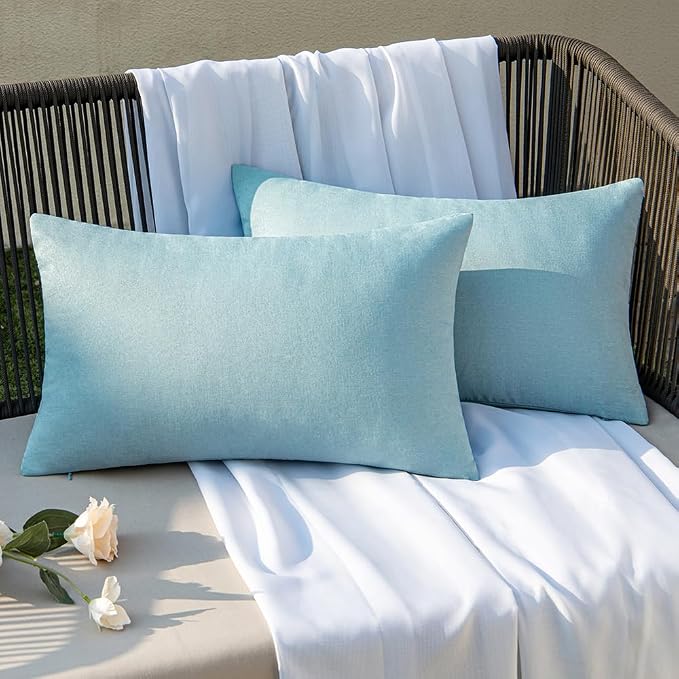 EMEMA Outdoor Throw Pillow Covers Decorative Farmhouse Rectangle Pillowcases Waterproof Cushion Covers Cases for Patio Couch Garden Sofa Home Living Room Set of 2 12x20 Inch Blue Gray