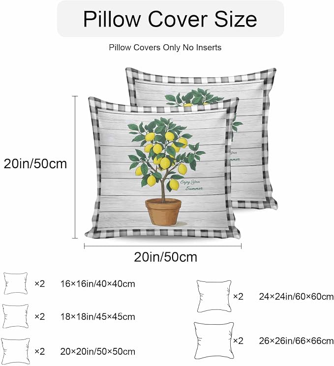 Summer Yellow Lemons Outdoor Waterproof Pillow Covers Set of 2, Green Leaf Botanical Gardens Wood Grain Plaid Pillowcase Decorative Throw Cushion Cases for Patio Garden Couch 16 x 16 Inches