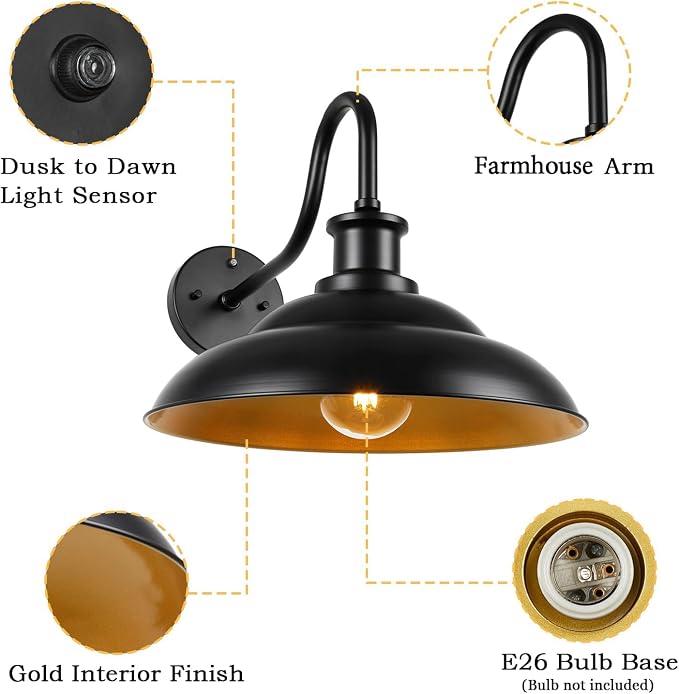 Dusk to Dawn Outdoor Barn Light Fixtures, 16 Inch Dome Large Wall Sconce Farmhouse Exterior Wall Mount Light for House Garage Patio Doorway, 2 Pack