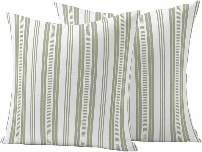 Sage Green Striped Outdoor Waterproof Pillow Covers, Farmhouse Stripes Modern Geometric Decorative Square Throw Pillowcase Sofa Cushion Sham for Patio/Couch/Chair, 26"x26" 2 Pack