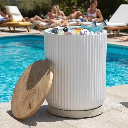 Outdoor Cooler Side Table with Wheels, Patio Table with Stainless Steel Ice Chest Storage Bucket, Designed for use as Party Side Table, Patio Decor for Pool Garden, White