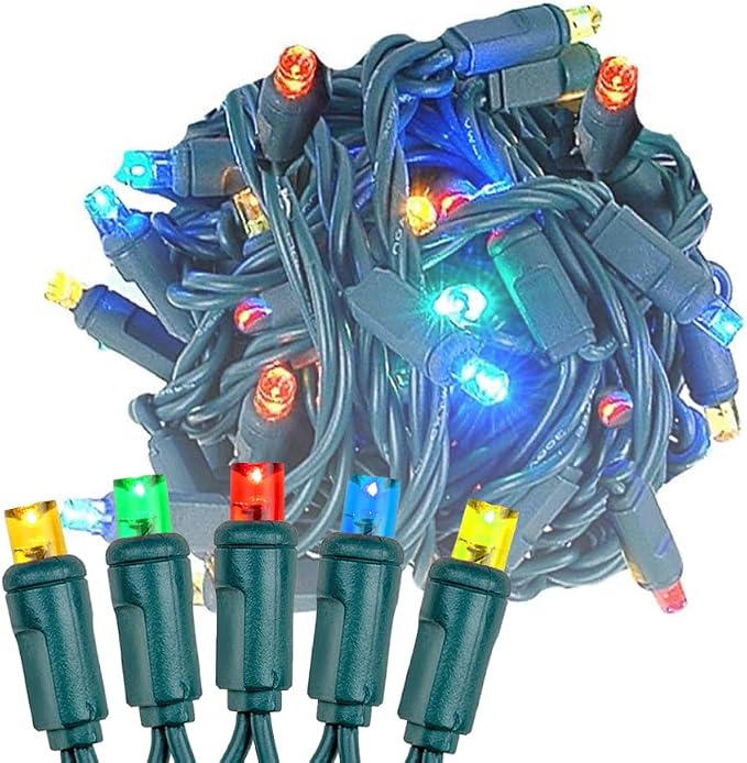 Novelty Lights 12-Pack, 50 Feet 100 LED Multicolor Christmas Mini Light String on Green Wire, 5mm Wide Angle Bulbs, Connectable, Indoor/Outdoor Decor, UL Listed