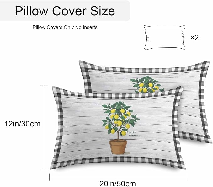 Summer Yellow Lemons Outdoor Waterproof Pillow Covers Set of 2, Green Leaf Botanical Gardens Wood Grain Plaid Pillowcase Decorative Throw Cushion Cases for Patio Garden Couch 20 x 12 Inches