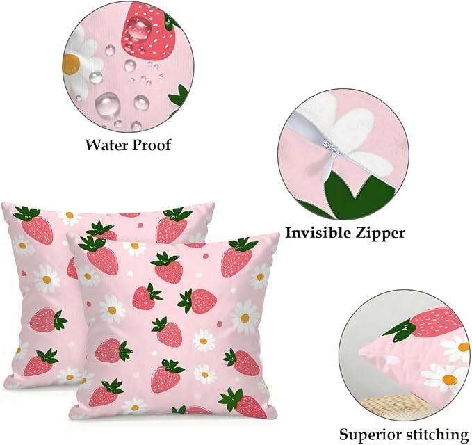 22x22 Inch Outdoor Pillow Covers Set of 2 Waterproof Throw Pillow Covers Decorative Couch Cushion Covers Pink Strawberries Daisy Square Pillowcases Protectors for Patio Garden Sofa