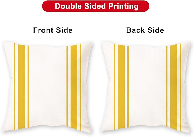 ONWAY Outdoor Pillow Covers Waterproof 20x20 Set of 2 Decorative Linen Throw Pillow Cover Beige and Yellow Striped Outdoor Pillows for Patio Furniture
