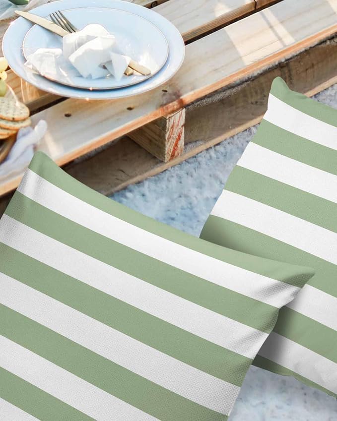 Outdoor Pillows 26x26 Waterproof Outdoor Pillow Covers Spring Stripes Green Polyester Throw Pillow Covers Garden Cushion Decorative Case for Patio Couch Decoration Set of 2 Sage Green