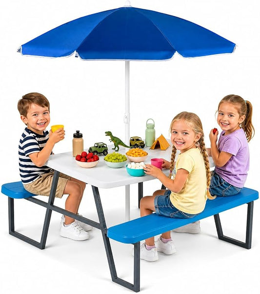 HONEY JOY Kids Picnic Table, 4 Person Toddler Outdoor Table and Chair Set, Built-in Benches, Removable Umbrella, Metal Frame & HDPE Top, Children Outdoor Furniture for Backyard Patio Garden (Blue)