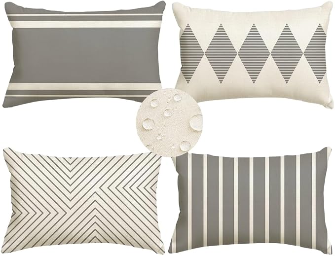 Outdoor Pillows Covers 12x20 Waterproof,Grey and Beige Set of 4(No Insert) | for Covered Patio Furniture Sunbrella,No Insert Just Covers,Fit 12x20 inch Inserts or Smaller,Durable Polyester,Boho Lumbar