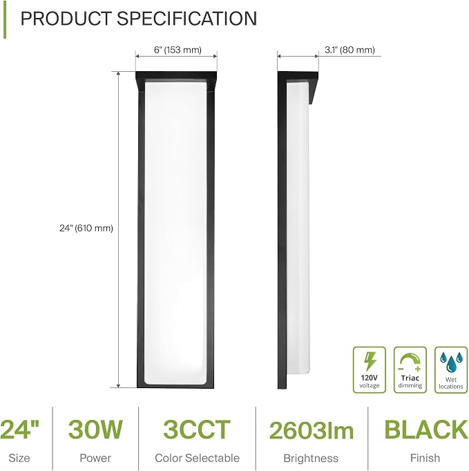 ASD LED 24" Outdoor Wall Light, Front Door House Sconce | 3CCT, Dimmable, Waterproof, ETL Listed | 30W 2600LM 3000-5000K 100-277V | Exterior Patio Lighting Fixture, Porch Lamp | Black