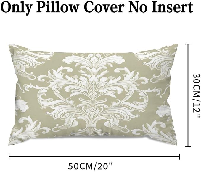 Set of 2 Tan Off Green White Damask Pattern Print Decorative Throw Pillow Covers 12x20in Farmhouse Rectangle Accent Pillow Cases Cushion Cover Cases for Sofa Chair Bedroom Home Decor