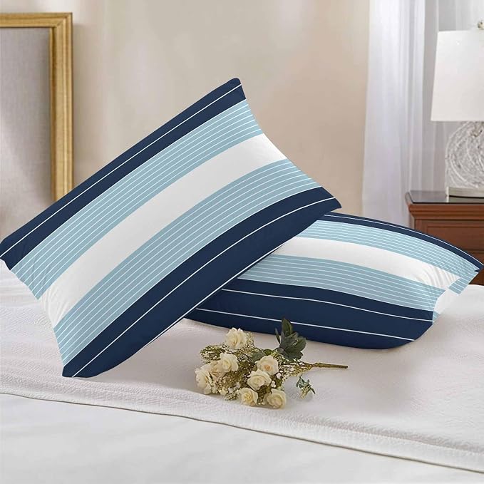 Navy Blue Aqua Stripe Outdoor Pillow Covers Waterproof, All Weather Cushion Case Set of 2, Modern Art Horizontal Striped Lumbar Pillowcase for Sofa Couch Bed Decor Patio Furniture 20"x12"