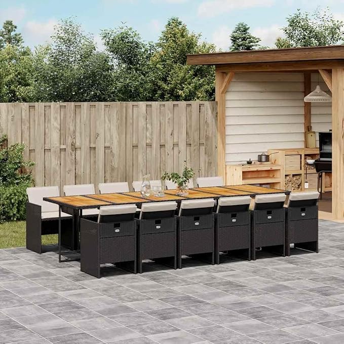 12-Piece Outdoor Dining Set, Black Poly Rattan Garden Table and High-Back Chairs with Cream White Cushions, Large Patio Furniture Set for Backyard Barbecues and Family Gatherings