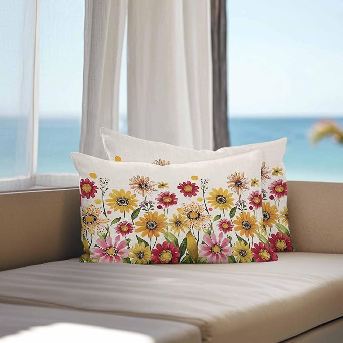 Yellow Red Spring Floral Outdoor Waterproof Throw Pillow Covers 20x12 Set of 2, Pastoral Summer Flower Rustic Decorative Pillowcases Cushion Pillowcase for Couch Sofa Patio Outside Pillow Protector