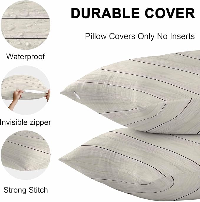 Vandarllin Outdoor Throw Pillow Covers 20X20 Set of 2 Waterproof Ivory White Decorative Zippered Cushion Covers for Patio Furniture, Farmhouse Retro Rustic Barn Wood Texture Lumbar Pillowcases