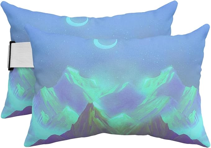 Outdoor Pillows Covers with Inserts Mountain Moon Dreamy Starry Sky Waterproof Recliner Pillow with Adjustable Strap Throw Pillows for Patio Furniture Pool Lounge Chair, 11x16 inch, 2PCS