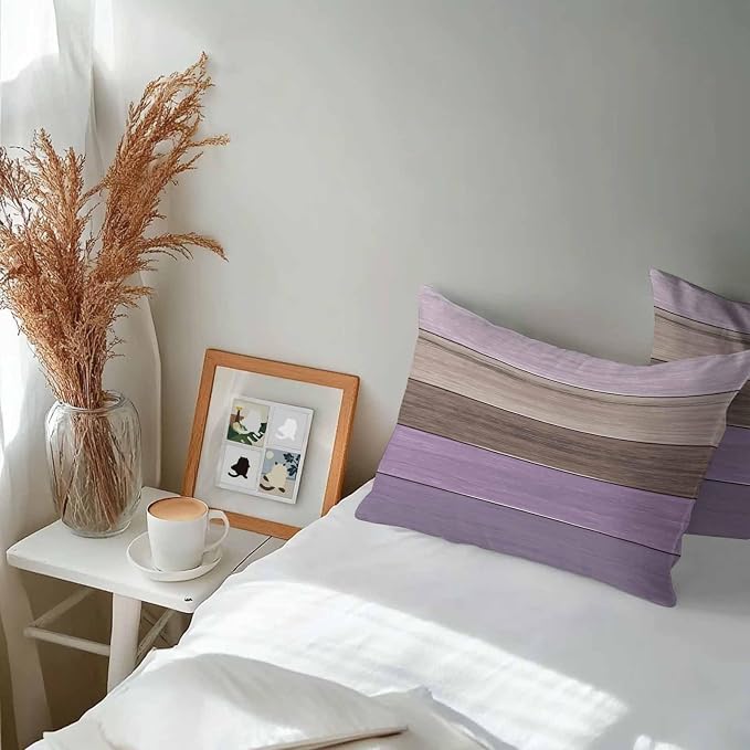 Outdoor Throw Pillow Covers 12X20 Set of 2 Waterproof Ombre Lavender Purple Brown Decorative Zippered Cushion Covers for Patio Furniture, Farmhouse Retro Rustic Barn Wood Texture Lumbar Pillowcases