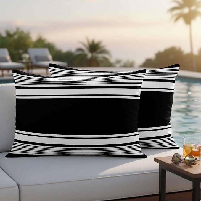 Vandarllin Outdoor Throw Pillows Covers 20x12 inch Set of 2 Waterproof Black Stripes Decorative Zippered Cushion Covers for Patio Furniture, Striped Lines Lumbar Pillowcases