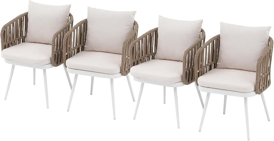 SUNSITT Patio Dining Chairs Set of 4, Outdoor Metal Dining Chairs with Woven Rope, All-Weather Patio Arm Chairs w/Cushions, Porch, Garden, White