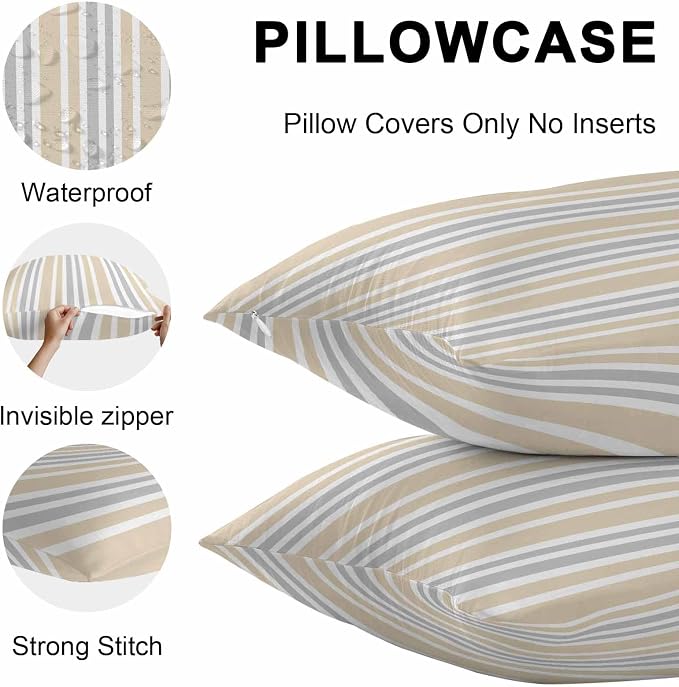 Beige Grey Stripe Outdoor Pillow Covers 18x18 Inch Throw Pillow Covers Set of 2 Waterproof Decorative Pillow Cases Farmhouse Minimalist Striped Cushion Covers for Patio Furniture Garden Couch Sofa