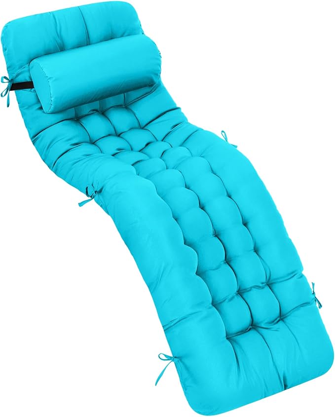 Tudomro Outdoor Chaise Lounge Cushion 66x21x4'' Waterproof & Fade-Resistant Patio Pool Chaise Lounge Cushion Headrest Pillow Tie Replacement Rocking High Back Chair(Turquoise,1 Pcs)