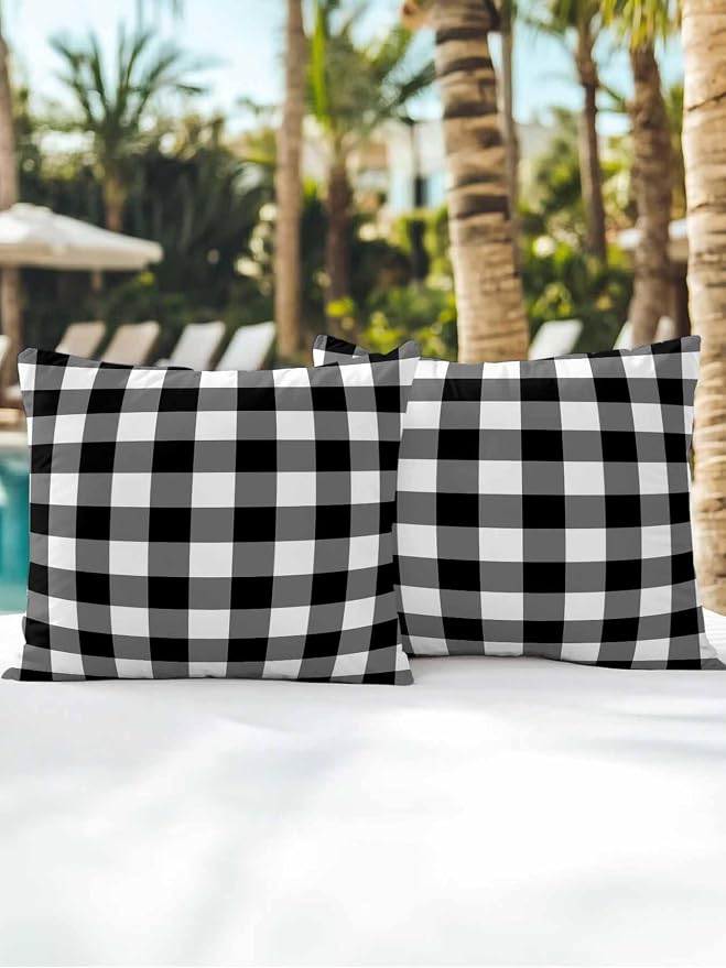 Waterproof Outdoor Pillow Set of 2 Black Buffalo Plaid Decorative Throw Pillows Cover & Insert 16x16 Inch Pillowcase Check Lines Square Pillows for Couch Sofa Bed Patio Furniture Indoor Outdoor