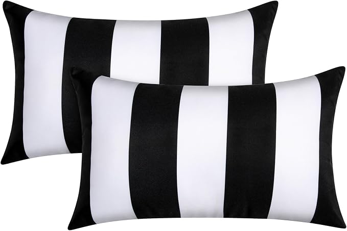 12x20 Waterproof Outdoor Pillows, Set of 2 Outdoor Lumbar Pillows | Patio Furniture Pillows, Decorative Throw Pillows, Waterproof & Fade Resistant, Removable & Washable, Black and White
