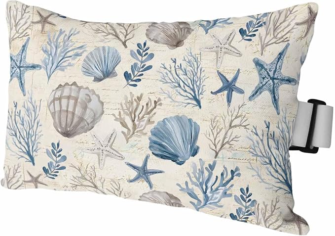 Blue Brown Coastal Outdoor Pillows with Insert 11x16 Inch Summer Coral Starfish Shell Vintage Waterproof Headrest Pillows with Adjustable Strap Lounger Chair Throw for Patio Furnitures, 1 Pack