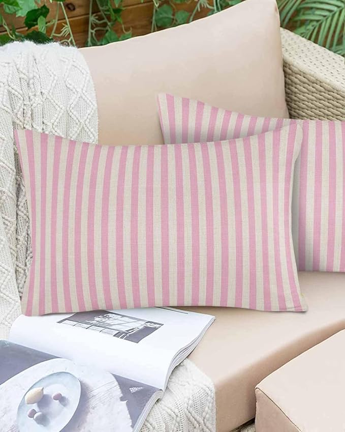 Outdoor Waterproof Throw Pillow Covers Set of 2 Pink Stripes Lumbar Pillowcases 20x12 Inches Linen Classic Vertical Striped Patio Decorative Pillows Cushion Case Patio Pillows for Couch Bed Garden