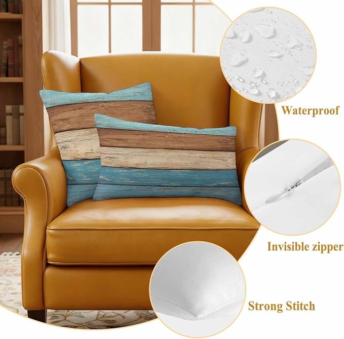 Farmhouse Light Blue Brown Outdoor Waterproof Pillow Covers, Vintage Wooden Striped Decorative Square Throw Pillowcase Sofa Cushion Sham for Patio/Couch/Chair, 16"x16" 2 Pack
