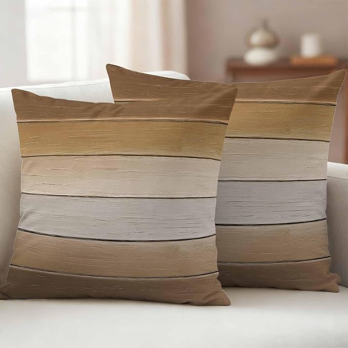 Brown Beige Outdoor Pillow Covers 18x18 Inch Throw Pillow Covers Set of 2 Waterproof Decorative Pillow Cases Farmhouse Vintage Gradient Wooden Grain Cushion Covers for Patio Furniture Garden Couch