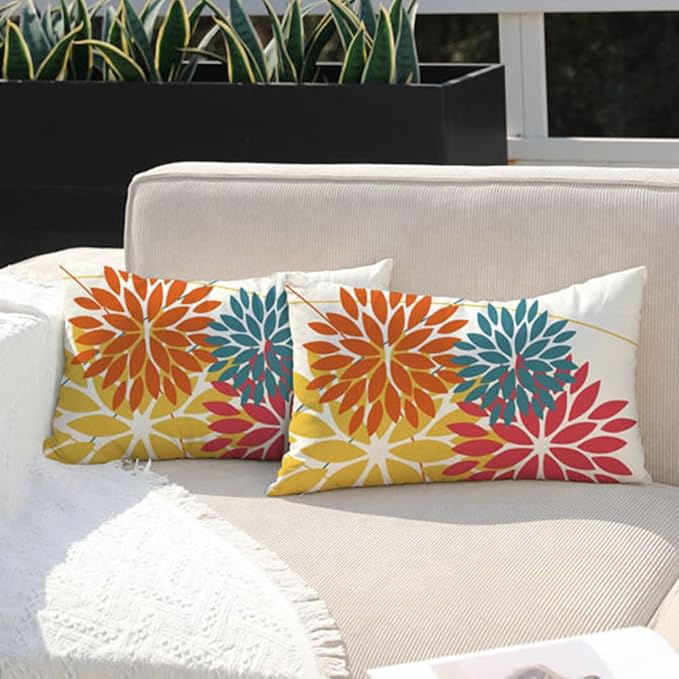 DFXSZ Pack of 2 Outdoor Waterproof Throw Pillow Covers 12x20 Orange Yellow | Polyester Spring Summer Fall Floral Decorative Cushion Cases(NO INSERT),For Couch Patio Funiture Garden Home Decor