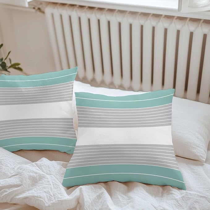 Turquoise Grey Stripe Outdoor Pillow Covers Waterproof, All Weather Cushion Case Set of 2, Modern Art Horizontal Striped Decorative Pillowcases for Sofa Couch Bed Decor Patio Furniture 16"x16"
