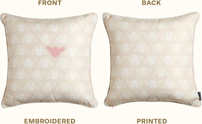Honeycomb Indoor/Outdoor Square Toss Pillow for Patio Furniture, 17 x 17 | Chamomile Beige Embroidered Bumble Bee Throw Pillow, Water & Fade Resistant for Patio Furniture Set