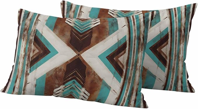 Aztec Southwestern Outdoor Pillow Covers 20"x12" Set of 2, Vintage Abstract Brown Turquoise Diamond Waterproof Throw Pillow Covers for Patio Furniture, Decorative Cushion Covers for Porch
