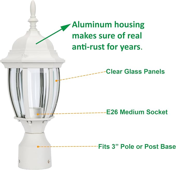 Outdoor Post Light, Rustproof Aluminum Pole Lamp, White | Exterior Lamp Post Light Fixture for Garden, Yard, Pathway, Waterproof, Glass, E26 Base, Max 60W, 2 Pack