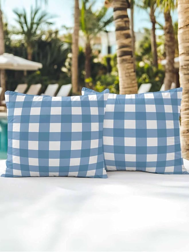 Waterproof Outdoor Pillow Set of 2 Buffalo Plaid Decorative Throw Pillows Cover & Insert 18x18 Inch Pillowcase Blue Check Lines Square Pillows for Couch Sofa Bed Patio Furniture Indoor Outdoor